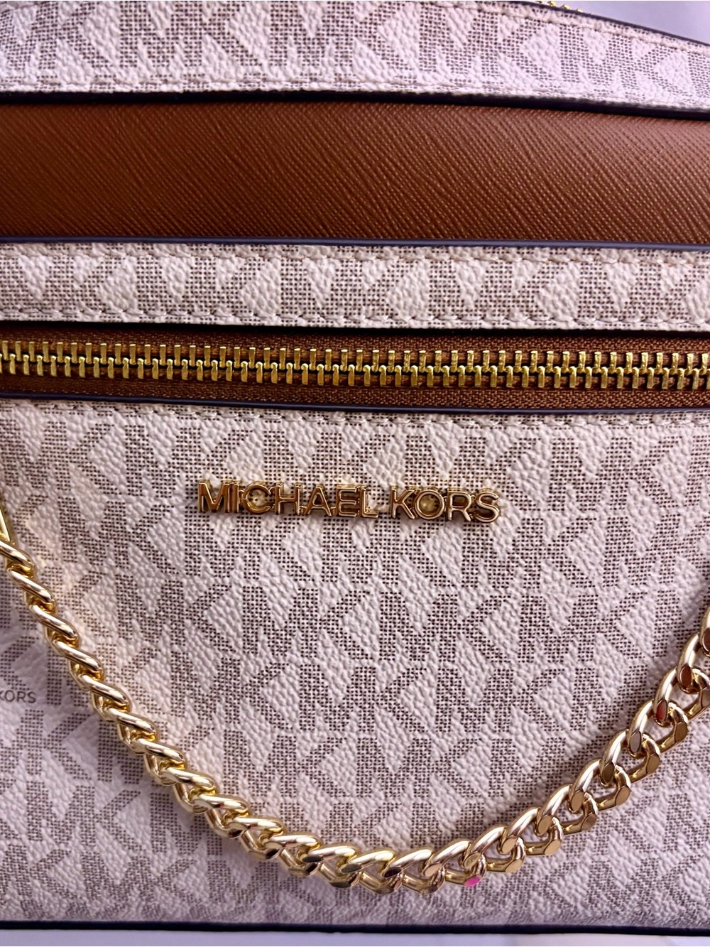Michael Kors Beige and Brown Logo Shoulder Bag with Gold Chain